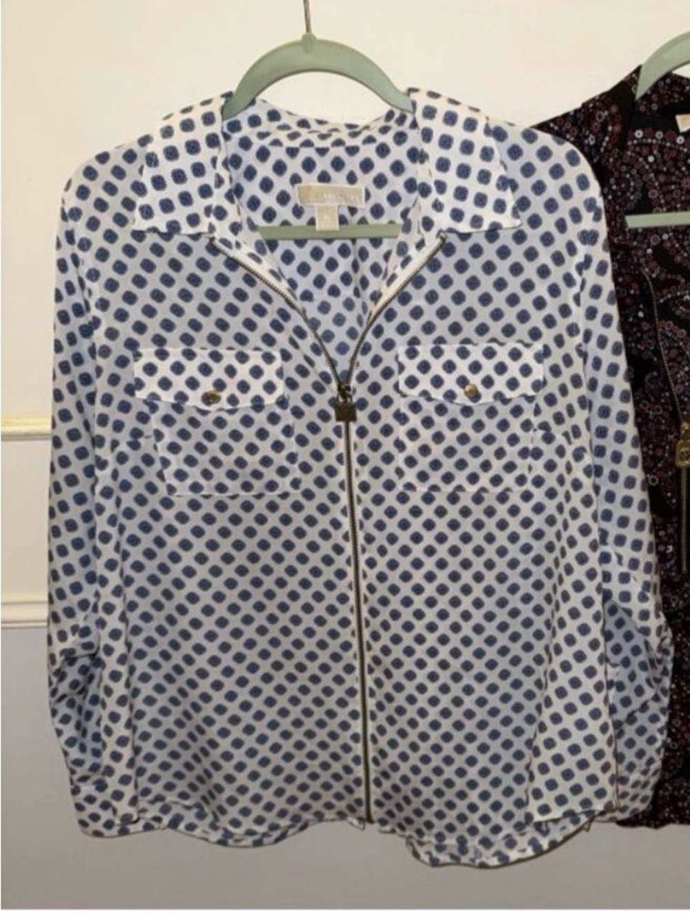 MICHAEL Michael Kors White Blouse with Blue Dot Print and Zip Front